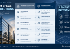 A professional B2B real estate infographic featuring a modern corporate layout that contrasts technical specifications with buyer-focused business value.