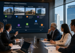 A professional investment committee in a modern boardroom environment, engaged in a detailed comparison of apartment complexes, industrial warehouses, retail centers, and office towers.
