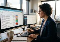 A professional editor in a bright office reviews a digital inventory of dated website pages, meticulously applying strategic content decisions.