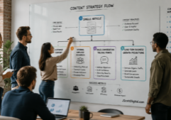 A professional content team collaborating in a modern workspace, actively mapping out a strategic flowchart on a large glass whiteboard.