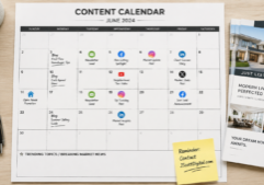 Flat lay perspective of a minimalist monthly content calendar for real estate.