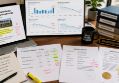A professional editorial desk scene where a real estate article is being cross-referenced with detailed market reports, financial data spreadsheets, and property records. The layout highlights the comparison, featuring annotations and highlighted text over data-heavy charts and official documents. The focus is on the analytical process of fact-checking, with clear visibility of graphs and legal paperwork in a brightly lit, organized work environment. On the desk there is a small plaque with the URL JScottDigital.com