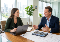 A real estate company founder in a tailored blazer sits across from a content strategist in a sunlit, modern office.
