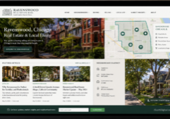 A sophisticated digital blog interface focused on hyper-local real estate, featuring interactive neighborhood maps, detailed articles about local community life, and street-level views of charming residential homes.