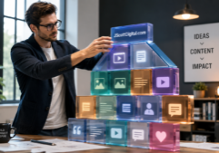 A professional creator in business casual attire meticulously stacking large, semi-transparent digital blocks to form a modern architectural structure. These blocks are etched with subtle icons representing social media posts, videos, and articles, glowing softly from within. The scene captures the physical act of building a house through the assembly of these vibrant, interactive content elements in a bright, contemporary workspace. One of the blocks has JScottDigital.com on it.