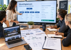 A focused real estate marketing team collaborating in a modern office, gathered around a large display showing a website's architecture and sitemap.