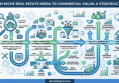 Infographic mapping the journey from publishing niche real estate media to generating commercial value.