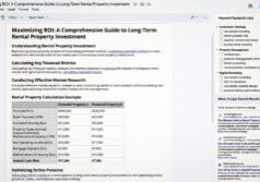 A detailed real estate article draft displayed as a digital document, featuring structured headings, underlined internal links, and a sidebar showing keyword research lists alongside a mock Google search results page.