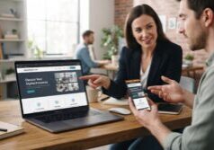 Business owner reviewing mobile and desktop WordPress layouts with a website designer real estate WordPress website