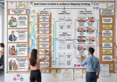 Transform the existing image into a comprehensive editorial planning wall for a real estate content creator, featuring an organized map that connects specific audience segments to corresponding articles, newsletters, videos, and advertiser categories. The composition should show a structured layout of interconnected diagrams, color-coded notes, and logical flowcharts that illustrate a strategic media plan. Enhance the visual clarity of the mapping elements, emphasizing the relationships between content types and market niches through professional workspace aesthetics and a clear, functional design.