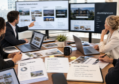 A professional real estate team engaged in a brand strategy session, gathered around a workspace filled with digital and physical media.