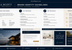 Professional real estate brand identity guidelines presented in a clean, organized layout.