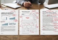 A commercial property report, a website layout, and an article draft arranged together, each featuring consistent editorial annotations, red pen marks, and proofreading symbols that indicate a detailed review process. At the bottom right corner of one of the documents is the URL JScottDigital.com