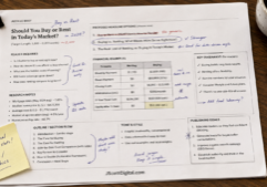 A professional real estate article brief displayed as a physical document, featuring organized sections for reader inquiries and comprehensive research notes.