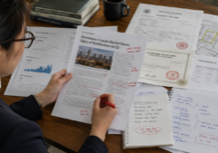 A professional editor meticulously compares a printed real estate article draft with various reference materials spread across a desk, including market data charts, formal property records with official stamps, and several pages of scribbled handwritten review notes. The scene captures the tactile details of the paper documents, the distinct ink of the annotations, and the focused atmosphere of a detailed fact-checking process in a well-lit workspace.