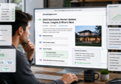 A professional content creator diligently reviewing a digital real estate article on a screen displaying overlaid SEO data visualizations, highlighted page structure elements, and clear markers for AI citations and authoritative sources.