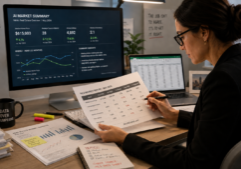A professional real estate editor meticulously cross-referencing an AI-generated market summary on a monitor with physical financial reports and digital spreadsheets. The scene highlights the transition between automated claims and original source data, with an analytical focus on verifying figures and market trends. The setting is a modern editorial office, emphasizing the investigative comparison of text and raw data.