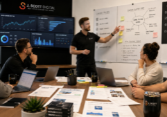 A collaborative editorial planning session at J. Scott Digital, where content creators are actively reviewing real estate article ideas.