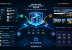 A centralized digital real estate archive functioning as a core hub, with glowing network pathways branching out into distinct visual sectors for licensed guides, partner website interfaces, structured training modules, and educational toolkits.