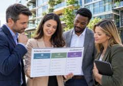 A collaborative group of real estate professionals in business-casual attire stands in front of a modern mixed-use development featuring sleek glass facades and integrated greenery.