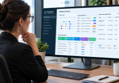 An editorial manager in a professional workspace reviewing a proptech-themed editorial dashboard.