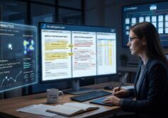 A professional editor meticulously compares redundant real estate articles and audit spreadsheets on a large glowing monitor, marking overlapping text and content gaps with digital annotations.