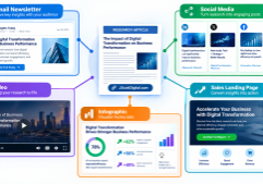A central research article document visually branching out into five distinct content formats.