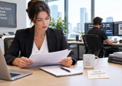 A real estate executive in professional business attire intently reviewing a polished content draft, while a specialist in the background manages complex research and digital production on a dual-monitor workstation.