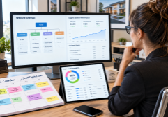 A professional real estate content strategist sits at a modern desk, focused on a large monitor displaying a complex website sitemap and a performance dashboard with rising search metrics.