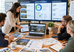 A professional real estate marketing team collaborating in a bright, modern office, focused on digital displays and printed materials featuring property listings, audience demographic charts, and email performance metrics.