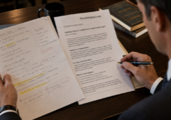 A focused executive in business attire sits at a desk, carefully examining a pair of documents: a set of interview notes covered in handwritten annotations and highlighter marks, and a formal draft of a ghostwritten real estate article.