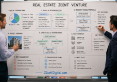 Two real estate partners collaborating at a large joint venture deal board, systematically organizing capital contributions, roles and responsibilities, decision-making protocols, and exit strategies.