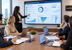 Professional real estate marketing team engaged in a client presentation, reviewing digital dashboards that display campaign messaging, referral sources, and lead conversion data.