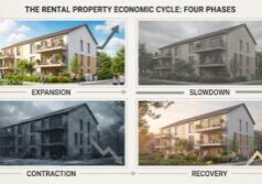 Transform the four-panel architectural graphic of the rental property to reflect economic cycles: the expansion panel should have vibrant sunlight and saturated colors; the slowdown panel features muted tones and overcast lighting; the contraction panel uses cold, desaturated hues and deep shadows; and the recovery panel displays a warm, soft morning light with refreshed textures, maintaining the original building structure and composition throughout.