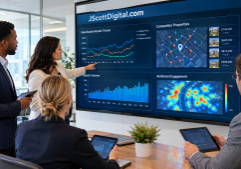 A diverse real estate marketing team collaborates in a modern office, gathered around a large interactive wall display showing a comprehensive data dashboard.