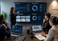 A professional real estate marketing team focused on comparing market trend visualizations, audience behavior analytics, and competitor campaign layouts in a modern office setting.