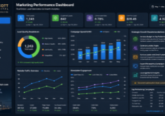 Professional real estate marketing dashboard displayed on a sleek digital interface, featuring a multi-panel layout with detailed data visualizations.