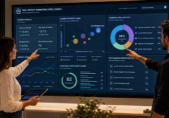 Two content creators collaborating in front of a large, luminous real estate marketing dashboard.