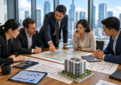 Real estate professionals in professional business attire are gathered around a sleek wooden conference table, deeply engaged in a strategic discussion. The table is covered with printed architectural floor plans, digital tablets displaying market data charts, and a small 3D model of a modern apartment building. One person points to a specific area on a map while others lean in with attentive expressions. Large floor-to-ceiling windows in the background reveal a clear view of a metropolitan skyline during the day, filling the room with bright, natural light.