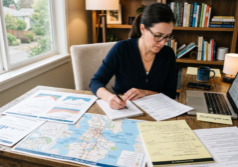 A professional writer focused on a workspace spread with detailed housing market trend graphs, a large-scale neighborhood map with local markings, and pages of editorial outlines.