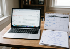 A laptop displaying an open email inbox sits on a clean desk next to a physical editorial calendar and pages of handwritten notes outlining content for a weekly real estate newsletter. On one of the handwritten notes is the URL JScottDigital.com The scene features soft natural lighting that emphasizes the texture of the paper and the organized layout of the workspace, maintaining the original professional composition.
