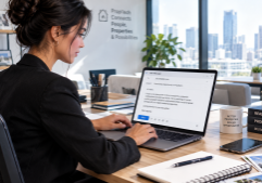 A focused professional content creator working in a bright, modern proptech office, captured while sending a business email to JScottDigital.com on a laptop.