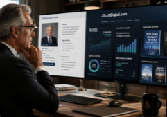A sophisticated real estate professional in their late 50s or 60s thoughtfully reviewing a digital workspace.