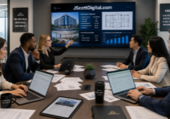A diverse team of real estate acquisition professionals sits around a sleek conference table in a modern, glass-walled boardroom.