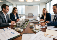 Professional real estate investors in business attire gathered around a polished conference table. The central focus is a strategic portfolio plan featuring detailed architectural models of apartment buildings, retail stores, and industrial facilities. Surrounding the models are realistic stacks of banknotes, detailed financial documents, and handwritten financing notes, all rendered with sharp textures and illuminated by clean, professional office lighting. On one of the models is the URL JScottDigital.com