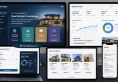 A professional, organized digital real estate resource center displayed across multiple sleek monitors and mobile devices.