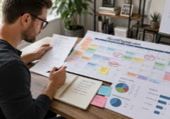 A focused real estate content strategist at a modern desk reviewing a collection of handwritten article notes and printed charts showing audience demographic segments.