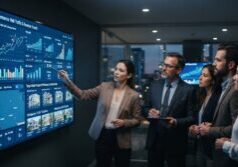 A professional investment team in a modern corporate setting gathered around digital displays, intently analyzing glowing line graphs of web traffic and financial revenue charts. The screens feature residential property listings and real estate data visualizations. Soft, focused lighting highlights the data on the monitors, creating a serious and collaborative atmosphere for business acquisition.