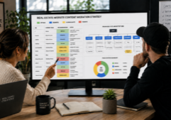 Two content creators collaborating on a real estate website content migration strategy displayed on a screen. The visual plan features a detailed spreadsheet or diagram with distinct color-coded categories for pages to be retained, rewritten, consolidated, and removed. The composition focuses on their active review of the site map and digital architecture within a professional workspace.