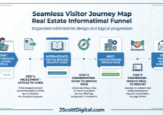 A clean, professional visitor journey map illustrating a seamless flow from a real estate article to a related guide, followed by a service page, and concluding at a project inquiry.